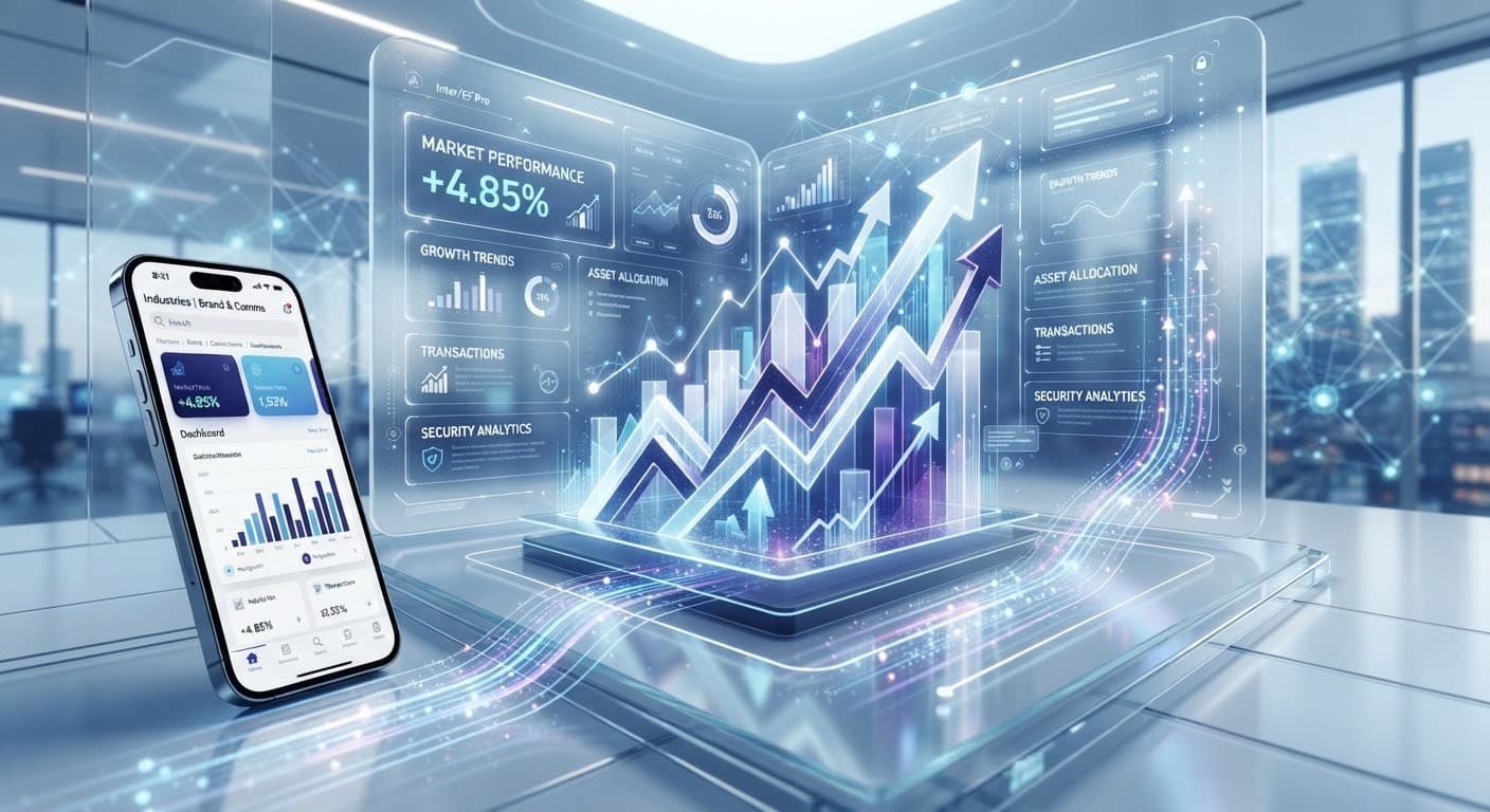 An abstract representation of financial technology with glowing isometric charts and data streams.