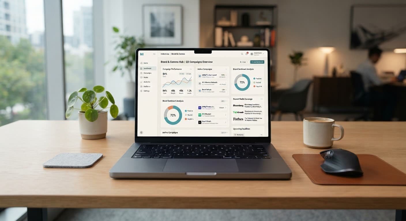A minimalist workspace showing enterprise software dashboards on a laptop in clean daylight.
