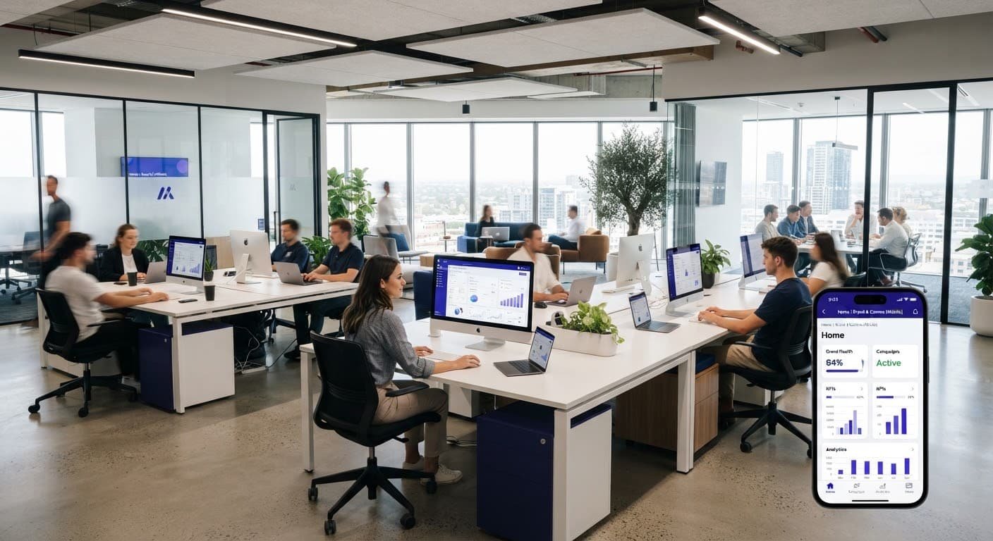 A modern agency workspace with large monitors displaying analytics dashboards in bright daylight.