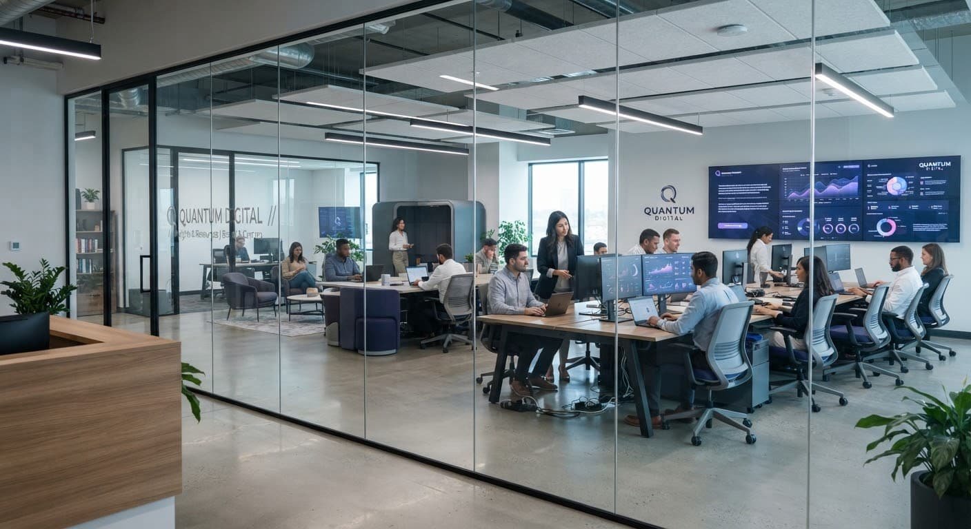 A modern digital agency office space viewed through a sleek glass partition in cool professional light.