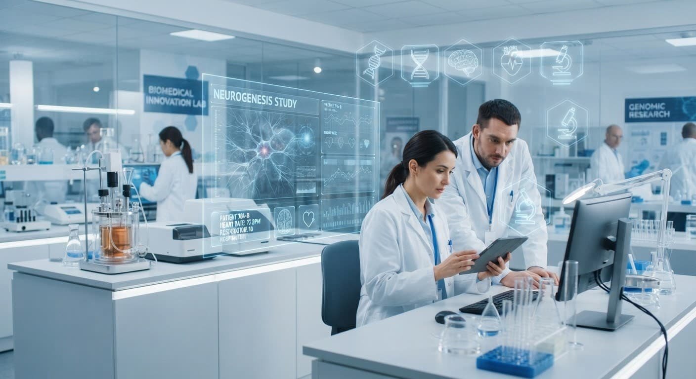 A pristine medical research facility with soft, cool-toned ambient lighting on clean surfaces.